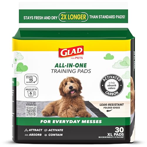 Glad for Pets Extra Large Charcoal Dog Training Pads, Absorbent Leak Proof Pee Pads for Dogs and Puppies, Odor Control Potty Pads with Activated Carbon, 28 x 30 Inches, 30 Count