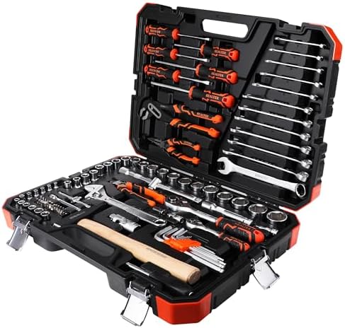 REALTEK 100 Piece Mechanic Tool Set, Car Tool Kit, Cr-V Socket Wrench Auto Repair Kit Includes Socket Accessories, Pliers, Heavy Hammer, Screw Drivers, General Households Tools with Larger Case
