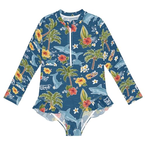 ALAZA Toddler Swimsuit Girl Bathing Suit Swimwear Rash Guard Flower Shark Ocean Long Sleeve 3T