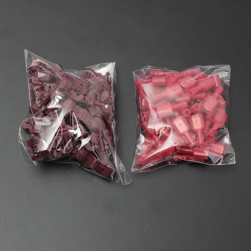 100 terminales de crimpado aislados en T rojos/macho, 0,5-1,5 mm2, conectores de terminal de cable de empalme rápido, combo de 22-18 AWG
