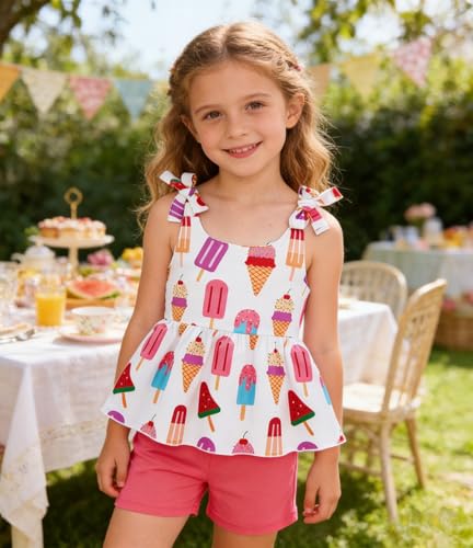 Image of Toddler Girls Clothes Summer Short Set Outfit Tie Knot Shoulder Sleeveless Ruffle Tops and Shorts 2PC Clothing Set