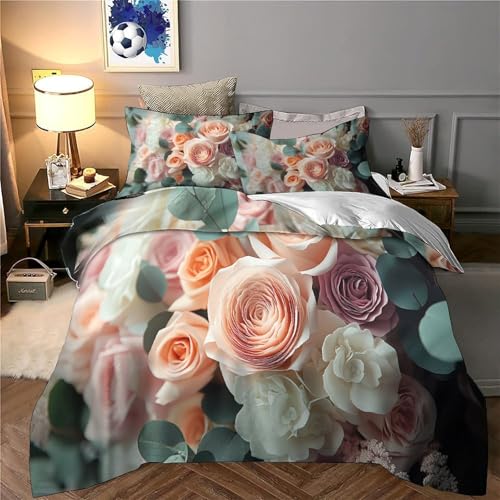 Housse de couette 135x200 microfibre imprimé 3D bouquet romantique pour lit 1 place
