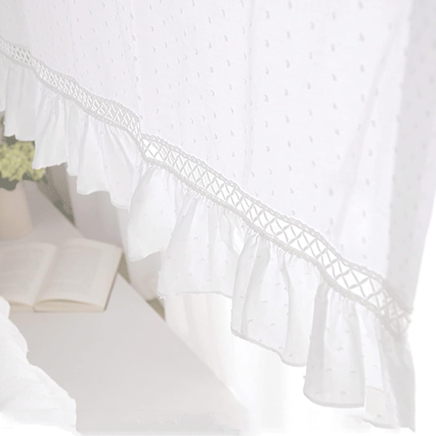 Kitchen Curtain Short Curtains,White Polka Dot Hollow Tier Curtain Valance,Country Style Bistro Coffee Curtain,Translucent Voile Curtains for Kitchen Bathroom Bedroom Coffee Shop Office Closet Shelf