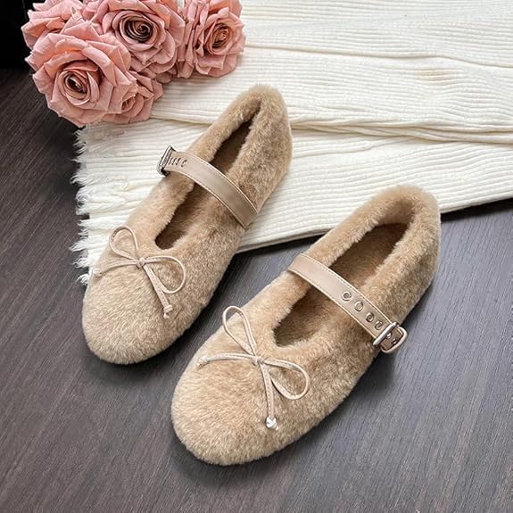 Fur Ballet Flats with Buckle for Women Comfy Faux Shearling Mary Jane Flats Comfy Cute Faux Fur Flat Shoes for Women4