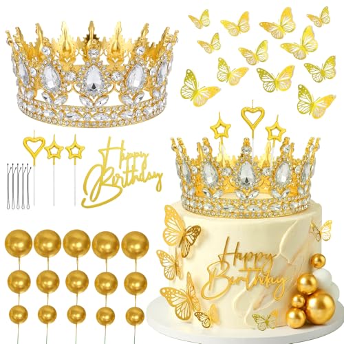 Set Décoration Gateau Anniversaire Doré, Couronne Princesse et Boules Décoratives et Papillons, Happy Birthday Cake Topper pour Filles, Idéal pour...