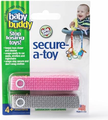 Baby Buddy Secure-A-Toy, Safety Strap Secures Toys, Teether, or Pacifiers to Strollers, Highchairs, Car Seats, Adjustable Length to Keep Toys Sanitary Clean, Registry Must Haves, Pink-Gray, 2 Count