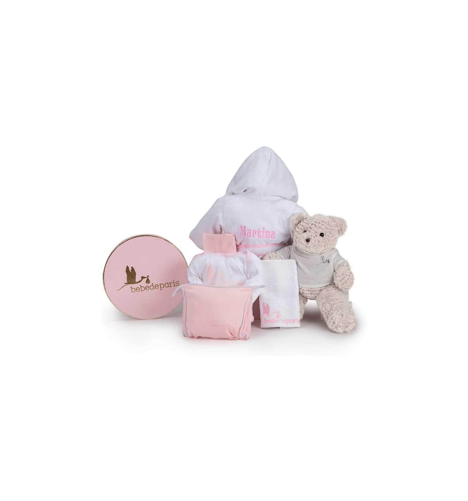Canastilla Bebé Recién Nacido Albornoz Bordado talla de 6-18 meses Body Neceser Funda Muselina y Oso de Peluche