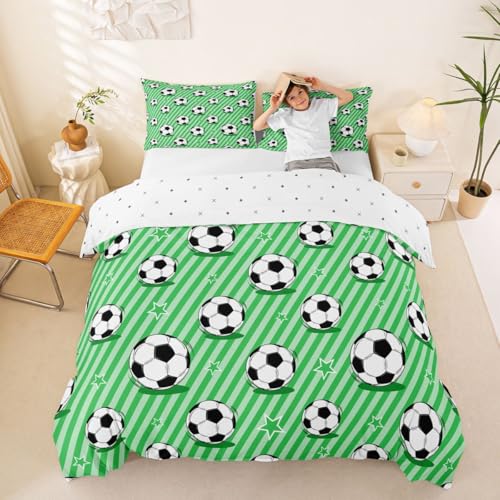Housse de couette football vert style simple à rayures pour lit double - 5