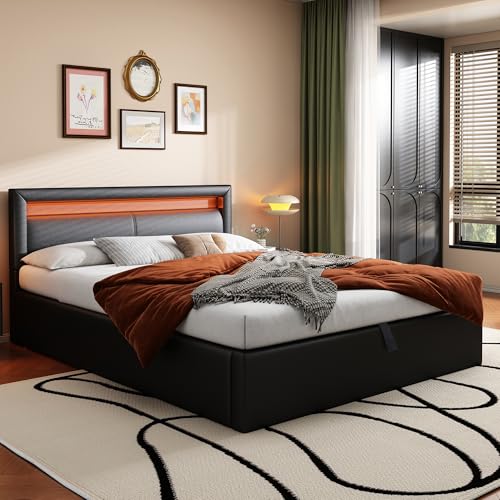 Cama tapizada con luz LED, 140 x 190 cm, con somier y almacenamiento, cabecero iluminado en diferentes colores, cabecero y piel sintética (negro)