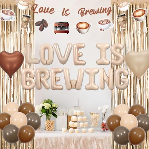 Image of Coffee Bridal Shower Decorations Love Is Brewing Balloons Banner Coffee Theme Garland Foil Fringe for Girls Women Cafe Bar Theme Bachelorette Bridal Shower Wedding Shower Party Supplies