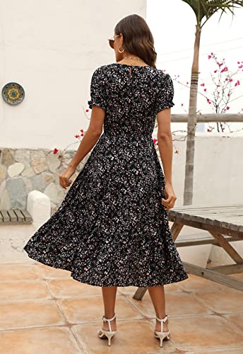 NAVINS Women Floral Print Puff Sleeve Tiered A-Line Swing Midi Dress with Pockets NA10022