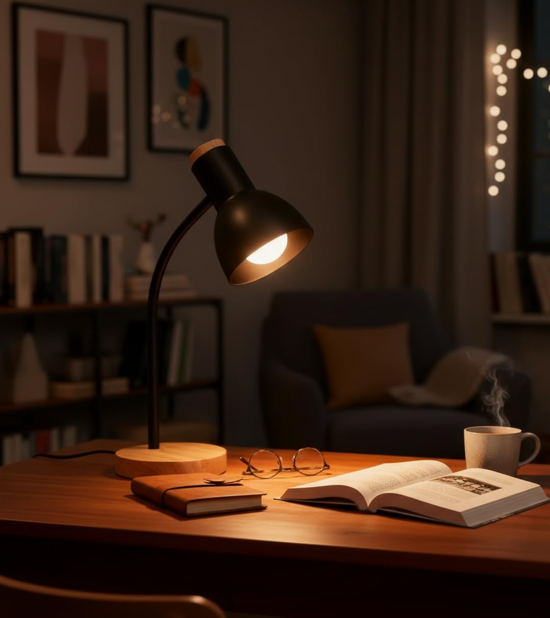 BEL AIR HOME | Lámpara flexo de escritorio ARGOS | 40 cm, negro, madera natural y metal | Cuello flexible, base antideslizante, cable con interruptor | Iluminación eficiente y elegante