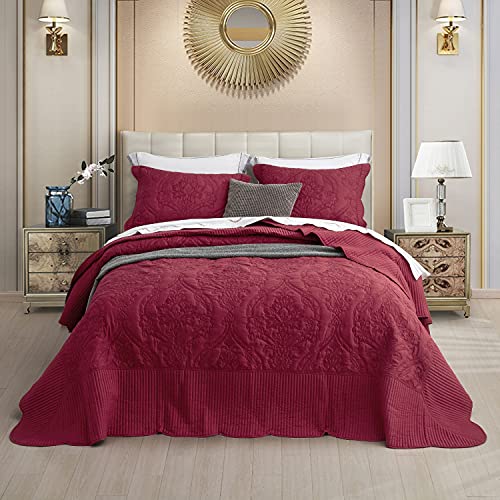 Image of CHIXIN Bedspread Coverlet Quilt Set Full Size - Lightweight Bedding Cover - Beautiful Stitching - 5 Piece Reversible Bedspread - Gorgeous Damask Paisley Pattern (Full, Wine Red)