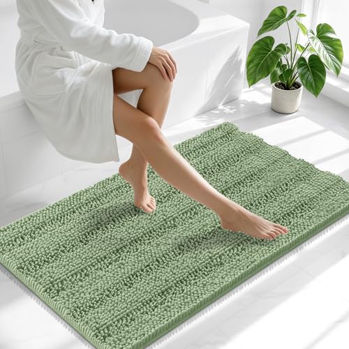 Image of Smiry Thick Chenille Large Bathroom Rugs 40x24, Extra Soft Absorbent Striped Bath Mat, Machine Washable, Rubber Backing, Bath Rugs for Bathroom, Tub & Shower, Home Decor Accessories, Sage Green