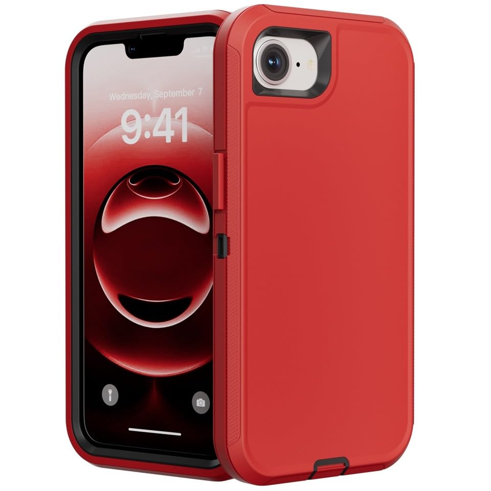 Coque iPhone 14 Plus antichoc bicolore rouge noir et clip rigide amovible en silicone