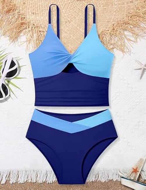 Girls Swimsuit Color Block Girls Bathing Suit Twist Tankini Set Two Piece Girl Swimwear Bikini Set for 9-16 Years