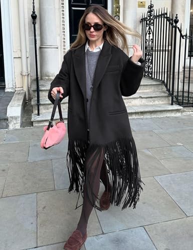 Gihuo Women's Long Coat Notch Lapel Single-Breasted Jacket with Fringe Hem4
