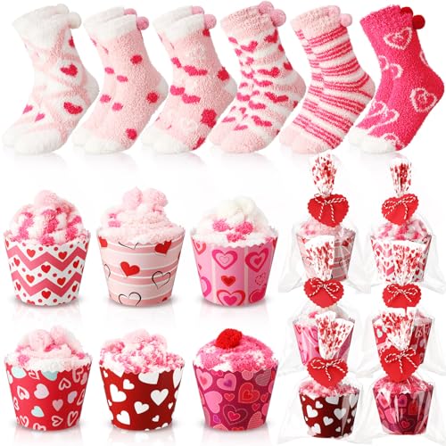 Image of 6 Pairs Valentine's Day Cupcake Socks Fuzzy Sock with Cupcake Card DIY Gift Slipper Stockings for Winter Women Men