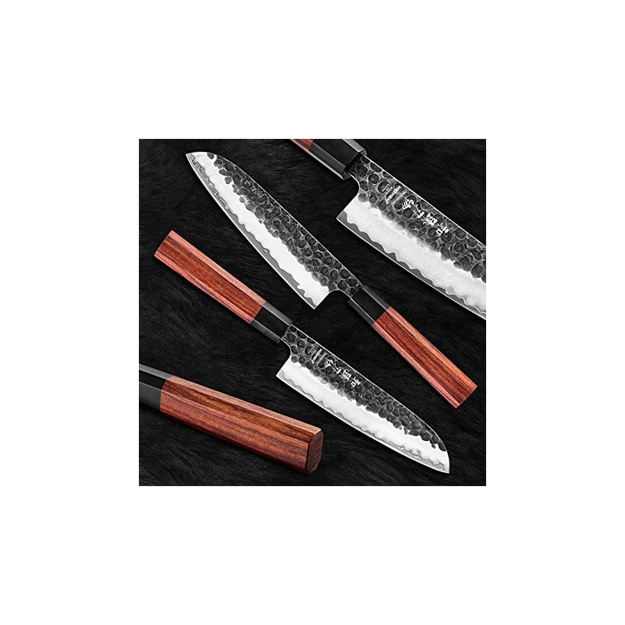 HEZHEN Kitchen Knife Set 4PCS, Clad Steel Chef Knife Nakiri Forged Steel Santoku, Wooden Octagonal Handle