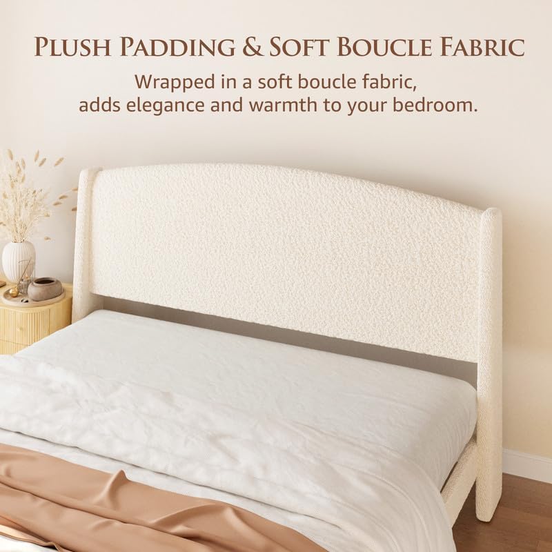 Queen Size Bed Frame with Wingback Headboard, Boucle Upholstered Platform Bed, No Box Spring Needed, 6" Under-Bed Storage, Easy Assembly, Beige