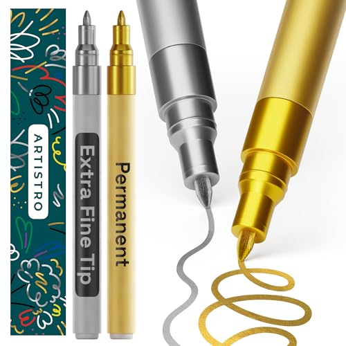 Image of ARTISTRO 2 Gold & Silver Permanent Marker - Waterproof Markers for Tire, Fabric, Rocks, Glass, Ceramic, Wood, Paper - Oil Based Paint Pens - Extra-Fine Tip 0.7mm