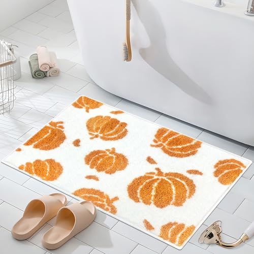 APROPHIC Fall Pumpkin Bath Mats for Bathroom, Thanksgving Super Absorbent Non-Slip Microfiber Shaggy Bath Rugs, Autumn Bathroom Mat for Shower, Tub, Sink, Decor, Machine Washable, 17x24 in, Orange