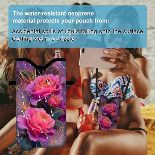 Image of Neoprene Cell Phone Sleeve Pouch Case Bag with Crossbody Strap Neck Lanyard for Women 7.1 X 3.9 in Beautiful Flowers
