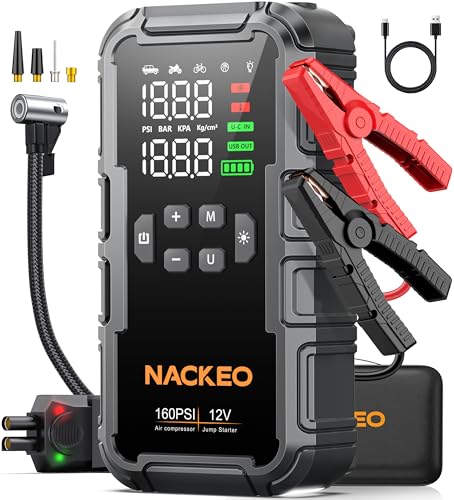 NACKEO Booster Batterie Voiture 8000A avec Compresseur 160PSI, 12V Booster Voiture Portable (Essence & Diesel 12L), Démarreur Batterie Voiture avec Lampe...
