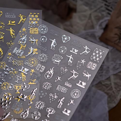 Image of Soccer Nail Stickers World Cup Nail Art Stickers Football Player Nails Decals with Silver Metallic Design 5D Self Adhesive Sports Nail Charms Supply for Women DIY Manicure Decoration