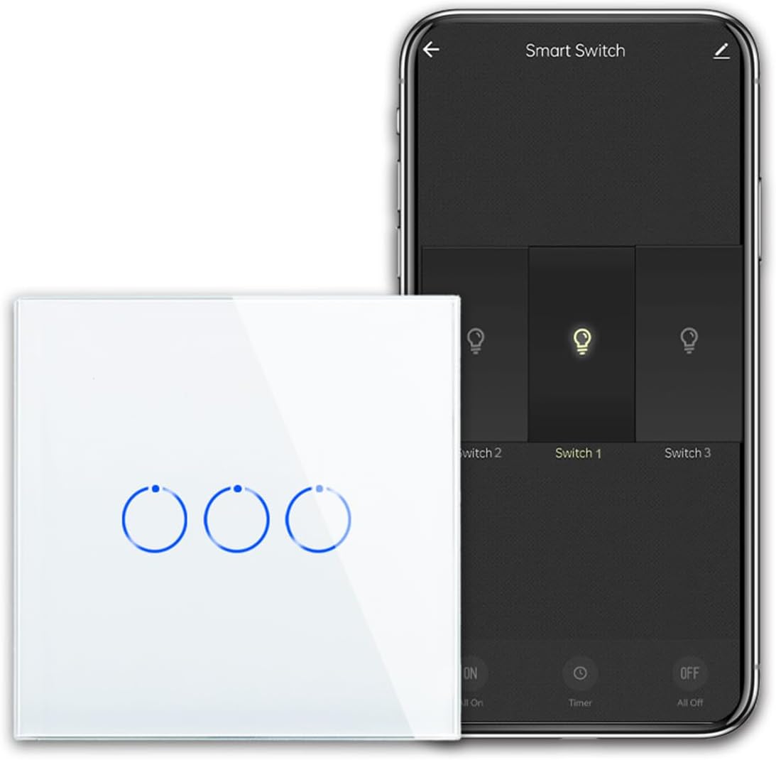 CNBINGOWiFi Smart Light Switch Work with Alexa, Google Assistant, Multi-Way Control by Smart Life App, 3-Gang Touch Light Switch, White Glass Panel, LED Backlight, Neutral Wire Required