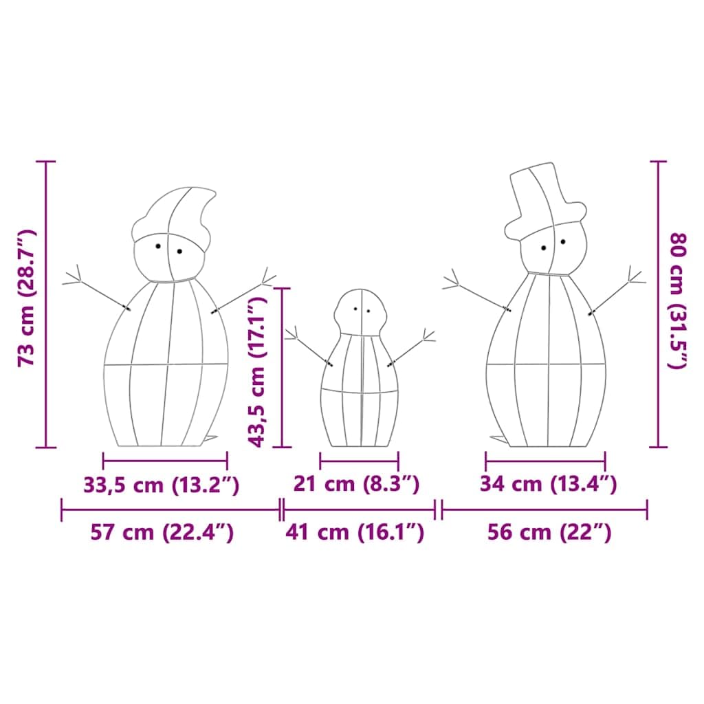 vidaXL Familia de Muñecos de Nieve Iluminados 3 pcs Cálido Poliéster, Sala, Decoraciones de Invierno USB Modernas, Adornos navideños, Luces Festivas y Figuras para el Exterior