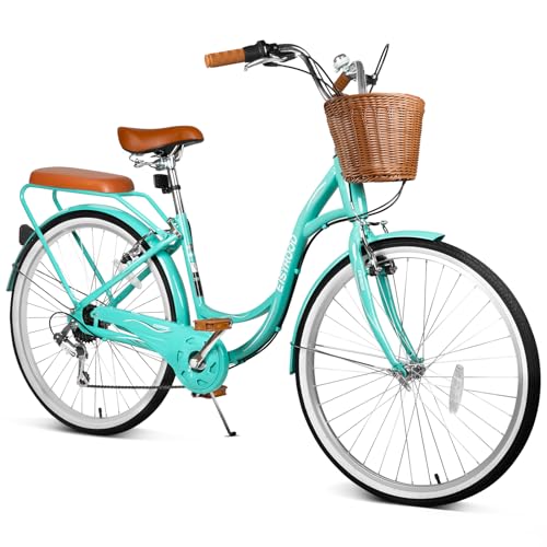 EISYROOD 26 Inch Beach Cruiser Bike for Women, Hybrid Womens Bike with 7 Speed, Adjustable Seat, Lightweight Women Beach Cruiser Bike with Anti-Skid Tires, V-Brakes (Single Bar, Green)