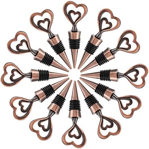 12PCS Valentine's Day Wedding Favors for Guests,Zinc Alloy Decorative Double Heart Wine and Beverage Bottle Stoppers Caps Reusable Plug Keep Wine Fresh(Bronze Heart, 12)