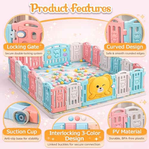 Image of Hukimoyo Large Baby Playpen 18 Panels /36 Sq Ft Play Area Indoor Setup with Mat ,balls | Play Yard for Babies 0-3 Years with Padded Boundary |Indoor Outdoor Toddler , infant fence Activity Center with Safety Door Lock & Suction Cups (6 * 6 FT)