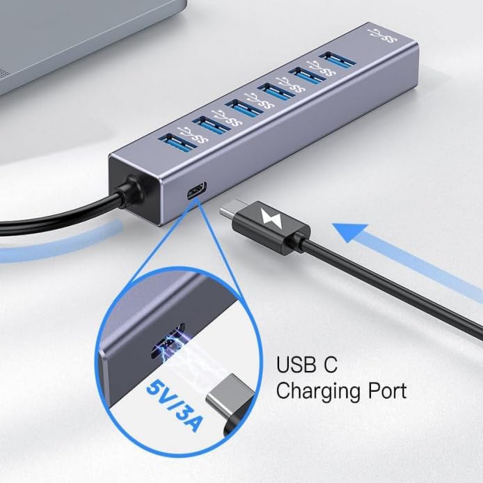 Image of AMUH07C USB-C to 8 in 1 Multifunction Hub USB 3.1, USB3.0 X 7: 5Gbps;USB C X 1:5v /3a Extra Power, Wide Compability: Laptop, PC Tower, Flash Drive, Keyboard, Mouse, Card Reader & More.