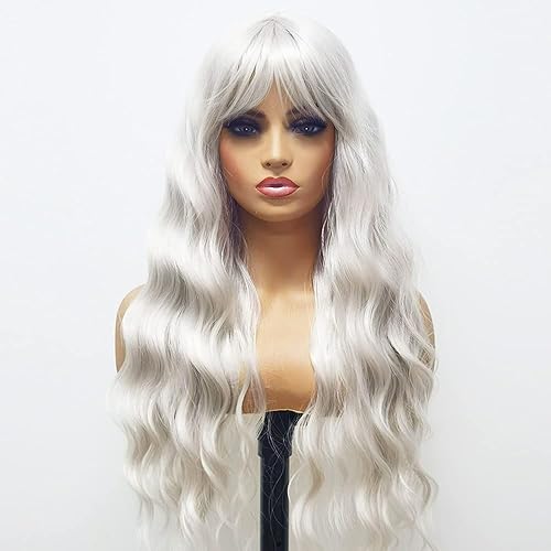 Miniatura 6 de ANDRIA Peluca Rubia Platino con Flequillo Peluca de Color Rubio Blanco Textura Húmeda y Ondulada Larga Ondas Sueltas Rizadas Fibra Sintética