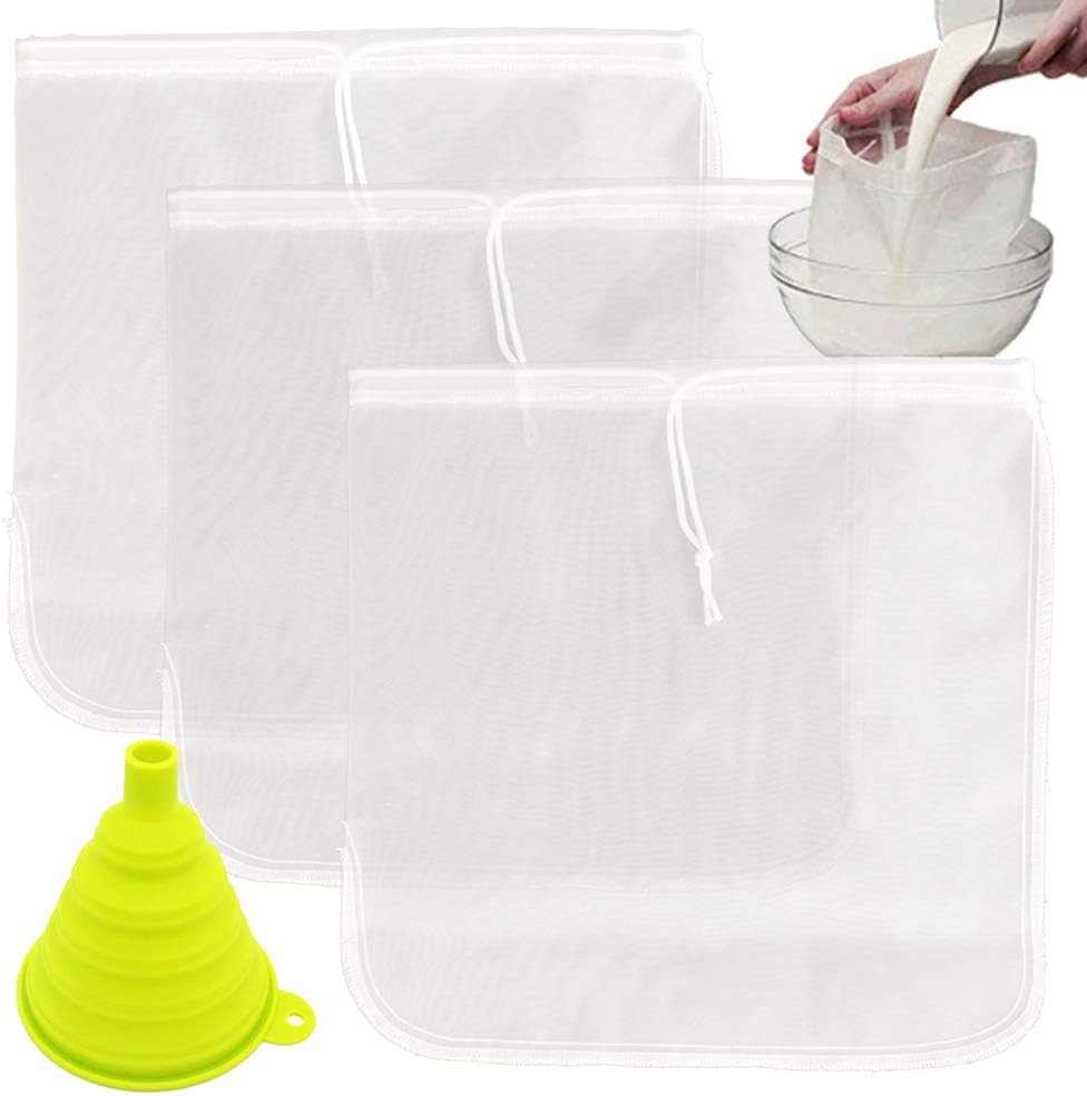 TIMGOU 3 Pack Nut Milk Bag with a Foldable Funnel, 30cmx30cm Reusable Almond Milk Strainer Fine Mesh Nylon Cheesecloth & Cold Brew Coffee Filter Multi-Purpose Food Strainer
