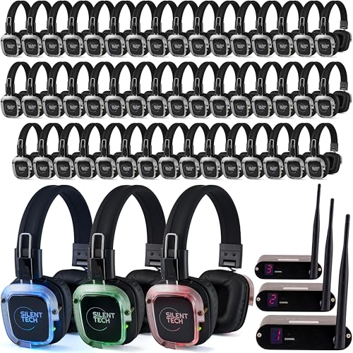 Image of Silent Tech Silent Disco in a Box – 50 LED Wireless Headphones, 3 Channel Transmitters, Plug & Play for Smartphones, Laptops, Tablets, 10 Hour Battery, 500-Yard Range – Silent Disco Headphone System