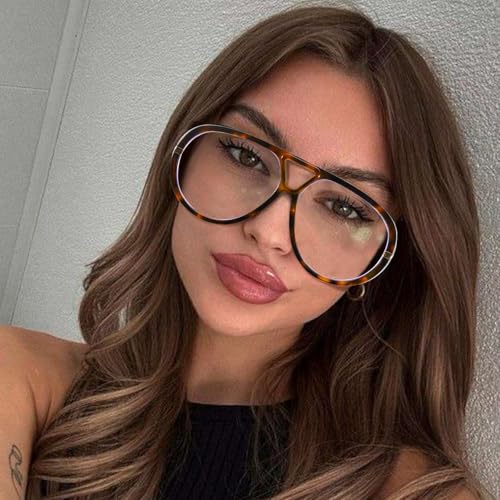 Image of SODQW Oversized Aviator Blue Light Blocking Glasses Women with Earring Trendy Large Big Double Bridge Designer Eyewear