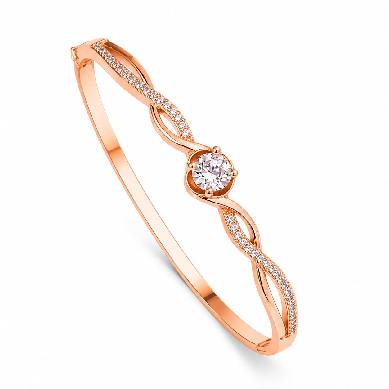 Rose Gold & White Alloy American Diamond Cubic Zirconia Ribbon Infinity Geometric Bracelet Kada for Women & Girls Fashion Jewellery, Party, Wedding Gift-picture-11