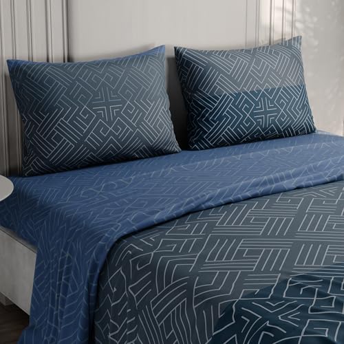 Image of BLISSHOME Everlast 150TC King Size Printed Bedsheet with 2 Pillow Covers for Double Bed, Aesthetic Bedding, Wrinkle Resistant, 100+ Wash Durable, Quick Dry, Geometric Pattern - Teal (228cm x 274cm)