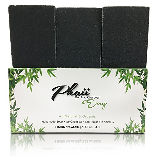 Bamboo Activated Charcoal Soap (3 Bars) - Handmade & Organic - Detoxify Natural Cleansing Facial & Body Wash For Helps Removal-Antioxidant & Anti aging, Acne Scars, Psoriasis & Eczema with - Daily Use
