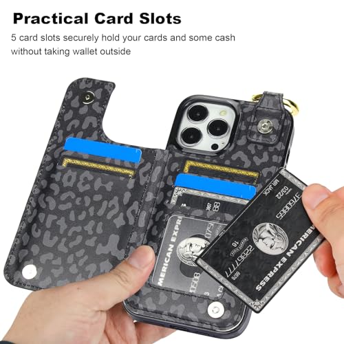 Image of HAOPINSH for iPhone 13 Pro Max Wallet Case with Card Holder, Black Leopard Cheetah Print Back Flip Folio PU Leather Kickstand Card Slots Case, Finger Grip Ring Double Magnetic Cover 6.7 inch
