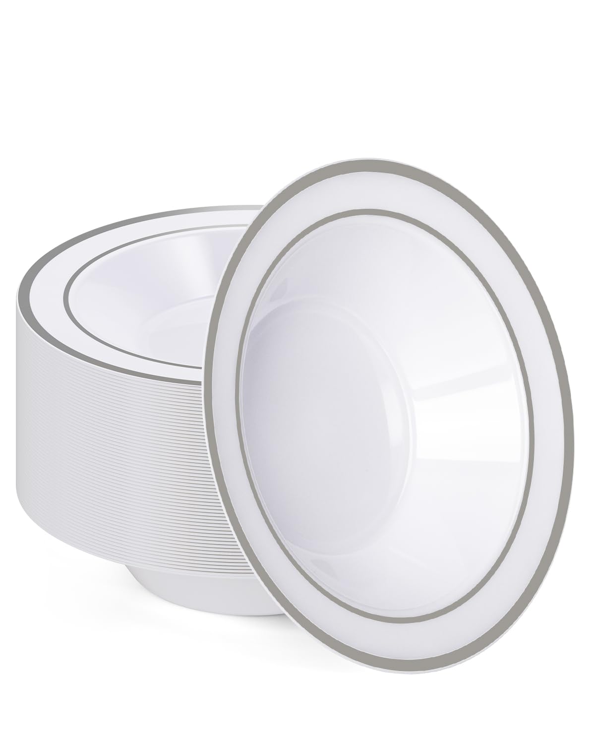 BESTVIP 50 Pack Plastic Bowls with Silver Rim