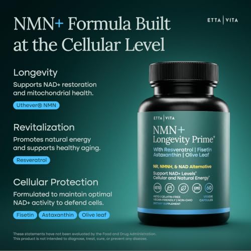 Image of NMN Supplement (5-in-1) NAD+ Booster with Resveratrol - Cellular Energy, Focus & Healthy Aging Support for Men and Women - Mitochondria Formula w Fisetin, Astaxanthin, Olive Leaf, Vegan, Made in USA