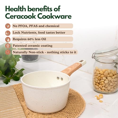 Image of Kreme Ceracook Ceramic Coated Granite Sauce Pan 1.8L /24cm with Glass Lid, ISI Certified Sauce Pot, Forged Aluminium, Gas & Induction Use, Non Toxic Tea, Chai PFAS & PTFE Free, 1 Yr Warranty, Ivory