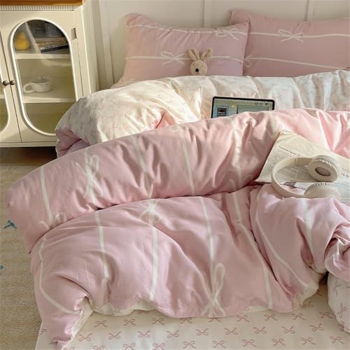 Image of Nayoroom Pink Bow Duvet Cover Queen Size Kids Girls Cute Coquette Bedding Set 3 Pcs Soft Microfiber Reversible White Striped Comforter Cover Gifts for Women