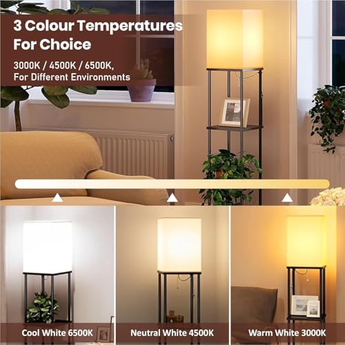 Image of HOMIFLY 5 Tier Metal Floor Lamp with Wooden Shelves /Square Lamp with 3 Adjustable Color Mode /Corner Display Book & Vase Shelf /Standing Night Lamps for Living-Study Room /Home Decor /Bedroom(Black)