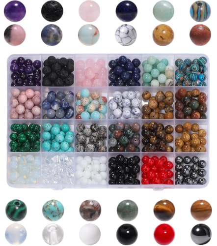 480pcs 8mm Natural Round Stone Beads Gemstone Crystal Loose Beads Smooth Bead for Bracelet Necklace Earring Jewelry Making Kit