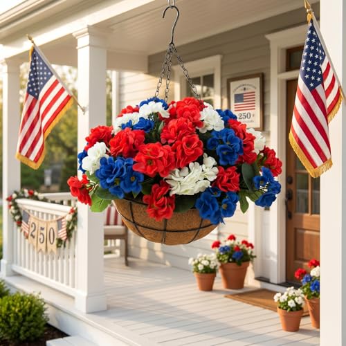 Riceshoot Red White Blue Hanging Basket Artificial Flowers 4th of July